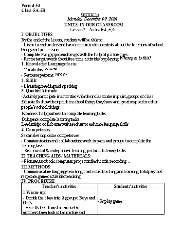 Kế hoạch bài dạy Tiếng Anh Lớp 5 (Global Success) - Tuần 14 - Năm học 2024-2025 - Nguyễn Lê Vân Anh