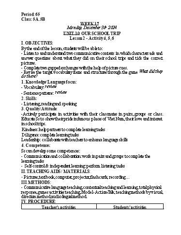 Kế hoạch bài dạy Tiếng Anh Lớp 5 (Global Success) - Tuần 17 - Năm học 2024-2025 - Nguyễn Lê Vân Anh
