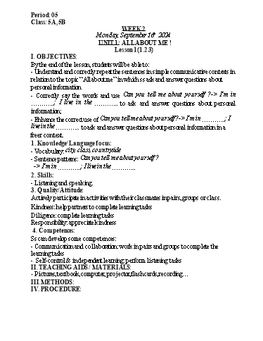Kế hoạch bài dạy Tiếng Anh Lớp 5 (Global Success) - Tuần 2 - Năm học 2024-2025 - Nguyễn Lê Vân Anh