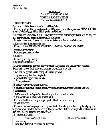 Kế hoạch bài dạy Tiếng Anh Lớp 5 (Global Success) - Tuần 20 - Năm học 2024-2025 - Nguyễn Lê Vân Anh