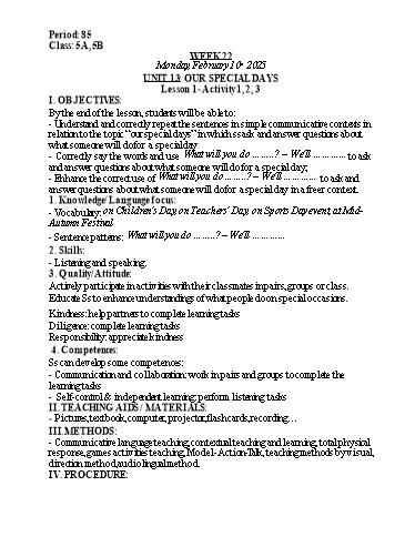 Kế hoạch bài dạy Tiếng Anh Lớp 5 (Global Success) - Tuần 22 - Năm học 2024-2025 - Nguyễn Lê Vân Anh