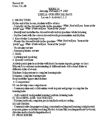 Kế hoạch bài dạy Tiếng Anh Lớp 5 (Global Success) - Tuần 23 - Năm học 2024-2025 - Nguyễn Lê Vân Anh