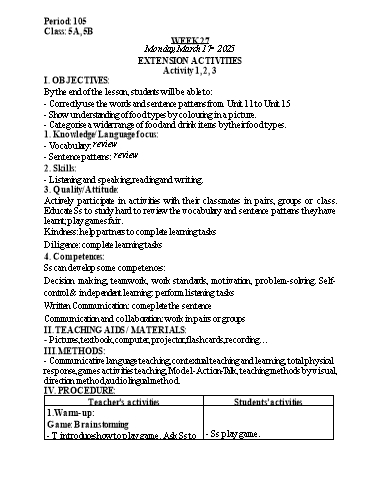 Kế hoạch bài dạy Tiếng Anh Lớp 5 (Global Success) - Tuần 27 - Năm học 2024-2025 - Nguyễn Lê Vân Anh