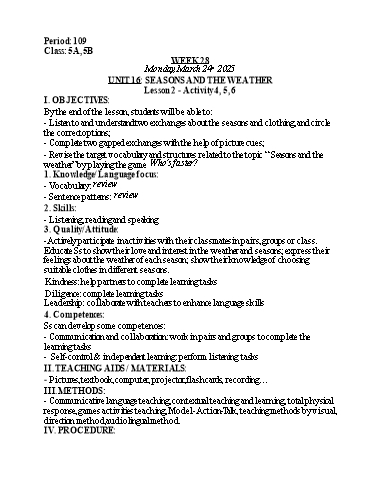 Kế hoạch bài dạy Tiếng Anh Lớp 5 (Global Success) - Tuần 28 - Năm học 2024-2025 - Nguyễn Lê Vân Anh