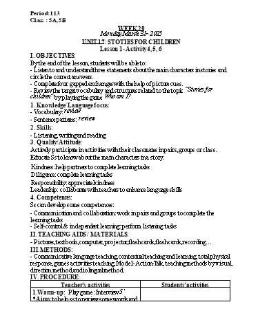 Kế hoạch bài dạy Tiếng Anh Lớp 5 (Global Success) - Tuần 29 - Năm học 2024-2025 - Nguyễn Lê Vân Anh