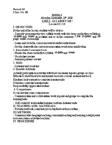 Kế hoạch bài dạy Tiếng Anh Lớp 5 (Global Success) - Tuần 3 - Năm học 2024-2025 - Nguyễn Lê Vân Anh