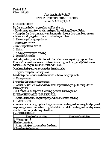 Kế hoạch bài dạy Tiếng Anh Lớp 5 (Global Success) - Tuần 30 - Năm học 2024-2025 - Nguyễn Lê Vân Anh