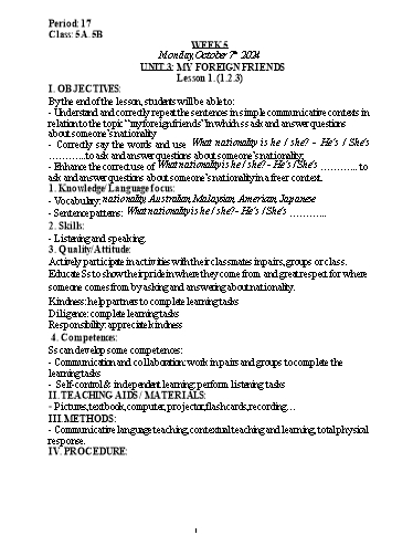 Kế hoạch bài dạy Tiếng Anh Lớp 5 (Global Success) - Tuần 5 - Năm học 2024-2025 - Nguyễn Lê Vân Anh