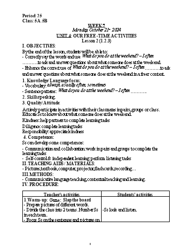 Kế hoạch bài dạy Tiếng Anh Lớp 5 (Global Success) - Tuần 7 - Năm học 2024-2025 - Nguyễn Lê Vân Anh