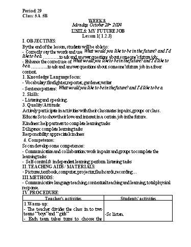 Kế hoạch bài dạy Tiếng Anh Lớp 5 (Global Success) - Tuần 8 - Năm học 2024-2025 - Nguyễn Lê Vân Anh
