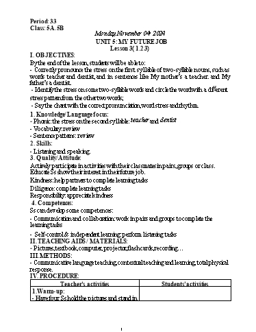 Kế hoạch bài dạy Tiếng Anh Lớp 5 (Global Success) - Tuần 9 - Năm học 2024-2025 - Nguyễn Lê Vân Anh