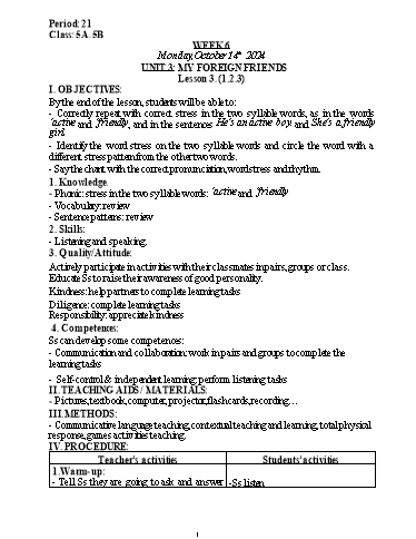 Kế hoạch bài dạy Tiếng Anh Lớp 5 - Tuần 6 - Năm học 2024-2025 - Nguyễn Lê Vân Anh