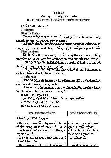 Kế hoạch bài dạy Tin học Lớp 3 - Tuần 14, Bài 13: Tin tức và giải trí trên Internet - Năm học 2024-2025 - Trần Thị Nhật Lê
