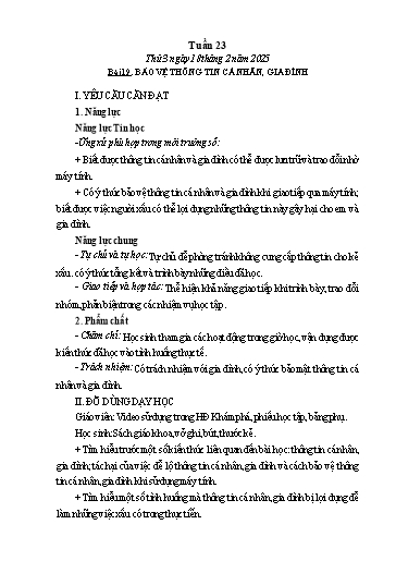 Kế hoạch bài dạy Tin học Lớp 3 - Tuần 23, Bài 19: Bảo vệ thông tin cá nhân, gia đình - Năm học 2024-2025 - Trần Thị Nhật Lê