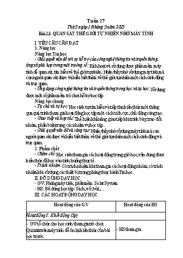 Kế hoạch bài dạy Tin học Lớp 3 - Tuần 27, Bài 23: Quan sát thế giới tự nhiên nhờ máy tính - Năm học 2024-2025 - Trần Thị Nhật Lê