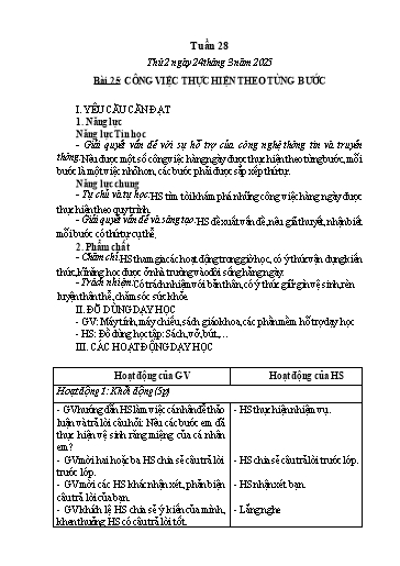 Kế hoạch bài dạy Tin học Lớp 3 - Tuần 28, Bài 25: Công việc thực hiện theo từng bước - Năm học 2024-2025 - Trần Thị Nhật Lê