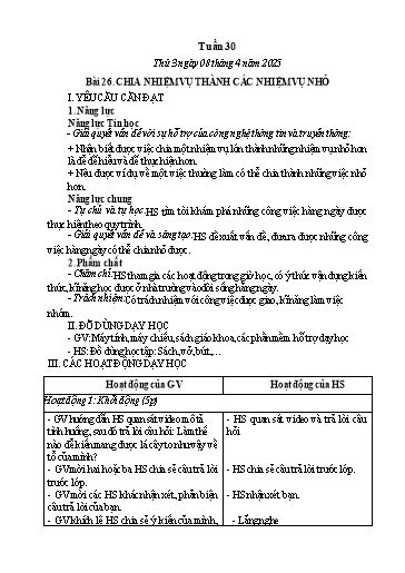 Kế hoạch bài dạy Tin học Lớp 3 - Tuần 30, Bài 26: Chia nhiệm vụ thành các nhiệm vụ nhỏ - Năm học 2024-2025 - Trần Thị Nhật Lê