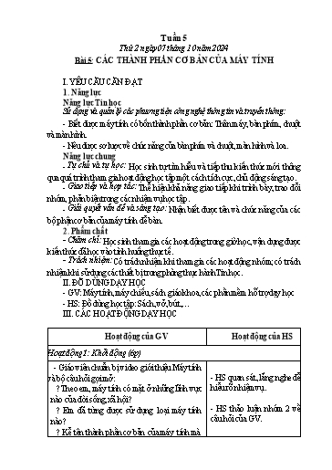 Kế hoạch bài dạy Tin học Lớp 3 - Tuần 5, Bài 5: Các thành phần cơ bản của máy tính - Năm học 2024-2025 - Trần Thị Nhật Lê