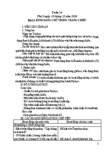 Kế hoạch bài dạy Tin học Lớp 4 - Tuần 14, Bài 13: Định dạng chữ trong trang chiếu - Năm học 2024-2025 - Trần Thị Nhật Lê