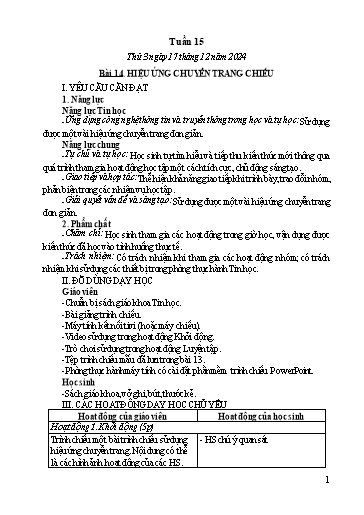 Kế hoạch bài dạy Tin học Lớp 4 - Tuần 15, Bài 14: Hiệu ứng chuyển trang chiếu - Năm học 2024-2025 - Trần Thị Nhật Lê
