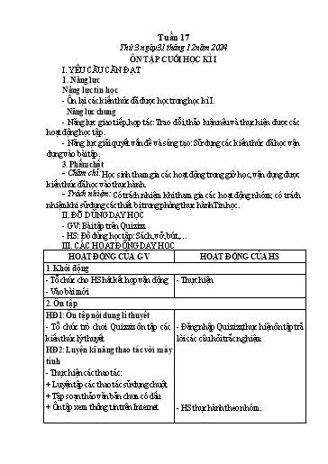 Kế hoạch bài dạy Tin học Lớp 4 - Tuần 17: Ôn tập cuối học kì I - Năm học 2024-2025 - Trần Thị Nhật Lê