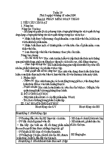 Kế hoạch bài dạy Tin học Lớp 4 - Tuần 19, Bài 15: Phần mềm soạn thảo - Năm học 2024-2025 - Trần Thị Nhật Lê