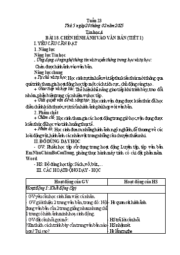 Kế hoạch bài dạy Tin học Lớp 4 - Tuần 23, Bài 18: Chèn hình ảnh vào văn bản (Tiết 1) - Năm học 2024-2025 - Trần Thị Nhật Lê