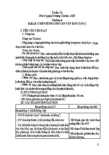 Kế hoạch bài dạy Tin học Lớp 4 - Tuần 24, Bài 18: Chèn hình ảnh vào văn bản (Tiết 2) - Năm học 2024-2025 - Trần Thị Nhật Lê