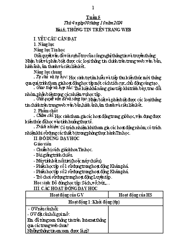 Kế hoạch bài dạy Tin học Lớp 4 - Tuần 5, Bài 5: Thông tin trên trang web - Năm học 2024-2025 - Trần Thị Nhật Lê