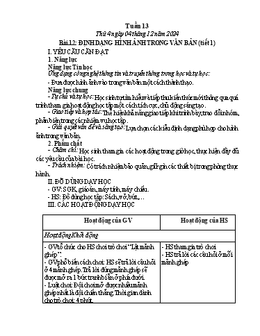 Kế hoạch bài dạy Tin học Lớp 5 - Tuần 13, Bài 12: Định dạng hình ảnh trong văn bản (Tiết 1) - Năm học 2024-2025 - Trần Thị Nhật Lê