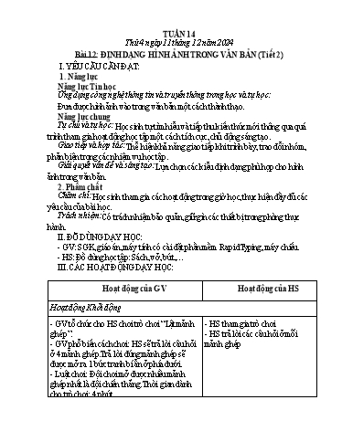 Kế hoạch bài dạy Tin học Lớp 5 - Tuần 14, Bài 12: Định dạng hình ảnh trong văn bản (Tiết 2) - Năm học 2024-2025 - Trần Thị Nhật Lê