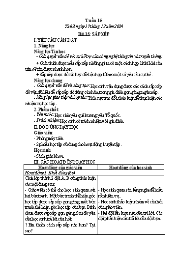 Kế hoạch bài dạy Tin học Lớp 5 - Tuần 15, Bài 15: Sắp xếp - Năm học 2024-2025 - Trần Thị Nhật Lê