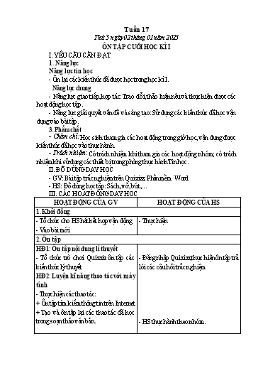 Kế hoạch bài dạy Tin học Lớp 5 - Tuần 17: Ôn tập cuối học kì I - Năm học 2024-2025 - Trần Thị Nhật Lê