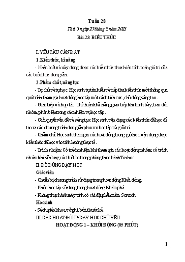 Kế hoạch bài dạy Tin học Lớp 5 - Tuần 28, Bài 23: Biểu thức - Năm học 2024-2025 - Trần Thị Nhật Lê