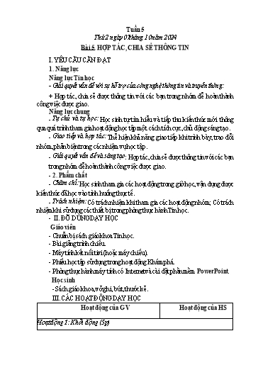Kế hoạch bài dạy Tin học Lớp 5 - Tuần 5, Bài 5: Hợp tác, chia sẻ thông tin - Năm học 2024-2025 - Trần Thị Nhật Lê