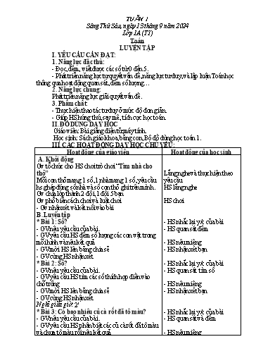 Kế hoạch bài dạy Toán Lớp 1, 2 - Tuần 1 - Năm học 2024-2025 - Trần Thị Tuyết