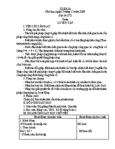 Kế hoạch bài dạy Toán Lớp 1, 2 - Tuần 10 - Năm học 2024-2025 - Trần Thị Tuyết