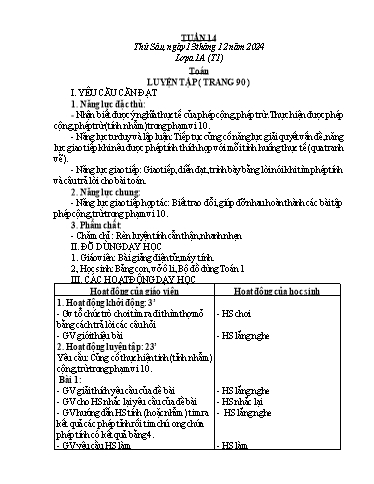 Kế hoạch bài dạy Toán Lớp 1, 2 - Tuần 14 - Năm học 2024-2025 - Trần Thị Tuyết