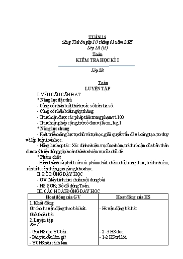Kế hoạch bài dạy Toán Lớp 1, 2 - Tuần 18 - Năm học 2024-2025 - Trần Thị Tuyết