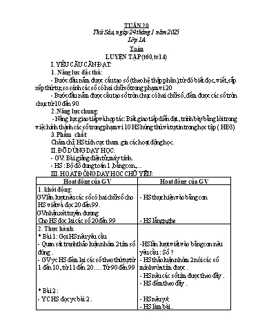 Kế hoạch bài dạy Toán Lớp 1, 2 - Tuần 20 - Năm học 2024-2025 - Trần Thị Tuyết