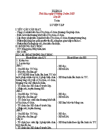 Kế hoạch bài dạy Toán Lớp 1, 2 - Tuần 21 - Năm học 2024-2025 - Trần Thị Tuyết