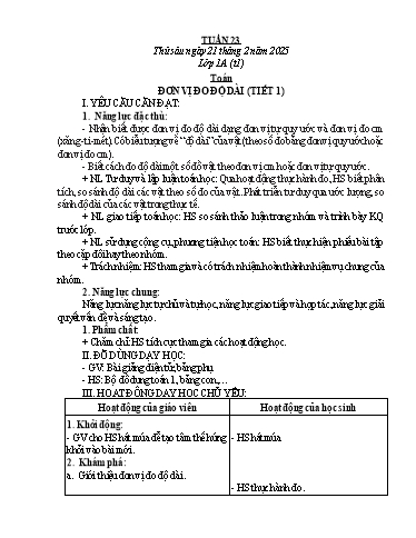 Kế hoạch bài dạy Toán Lớp 1, 2 - Tuần 23 - Năm học 2024-2025 - Trần Thị Tuyết