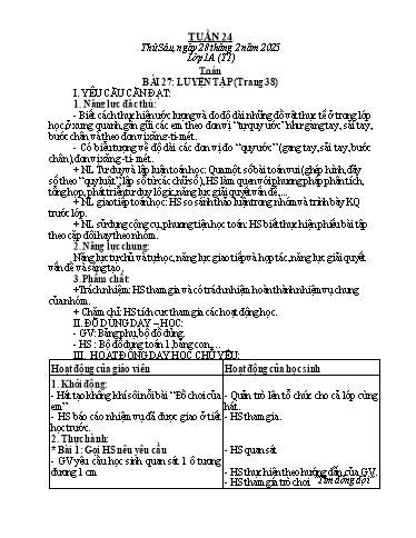 Kế hoạch bài dạy Toán Lớp 1, 2 - Tuần 24 - Năm học 2024-2025 - Trần Thị Tuyết