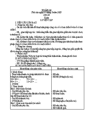 Kế hoạch bài dạy Toán Lớp 1, 2 - Tuần 26 - Năm học 2024-2025 - Trần Thị Tuyết