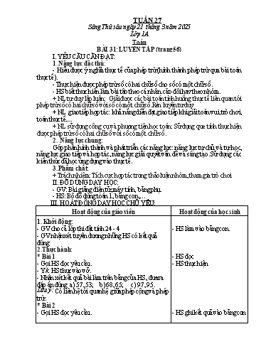 Kế hoạch bài dạy Toán Lớp 1, 2 - Tuần 27 - Năm học 2024-2025 - Trần Thị Tuyết