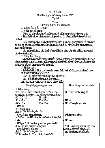 Kế hoạch bài dạy Toán Lớp 1, 2 - Tuần 28 - Năm học 2024-2025 - Trần Thị Tuyết