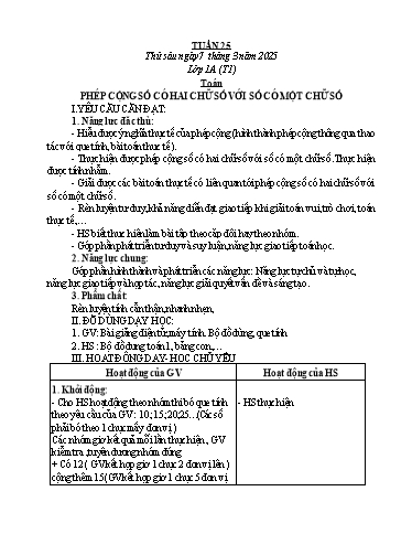 Kế hoạch bài dạy Toán Lớp 1 - Tuần 25, Bài: Phép cộng số có hai chữ số với số có một chữ số - Năm học 2024-2025 - Trần Thị Tuyết